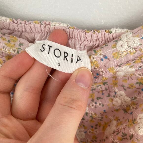 Storia Womens S Pink Floral Embroidered Puff Sleeve Crop Top Boho Cottage Fairy - Picture 3 of 8